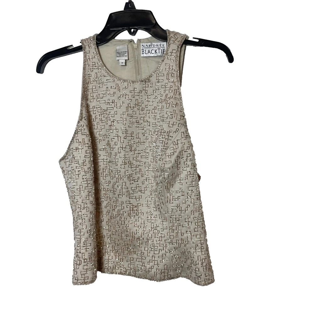 Nahdree BLACK TIE Embellished Sleeveless Tank‎ Top Womens 10 Beige Beaded Zip Up